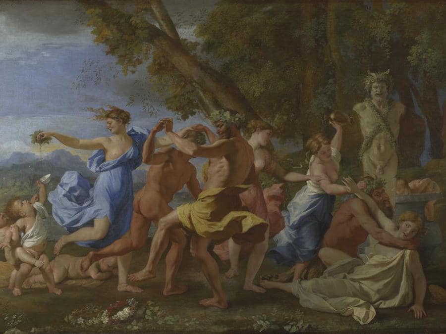 Nicolas Poussin. A Bacchanalian Revel before a Term. 1632-3.  Oil on canvas 98 x 142.8 cm. © The National Gallery, London