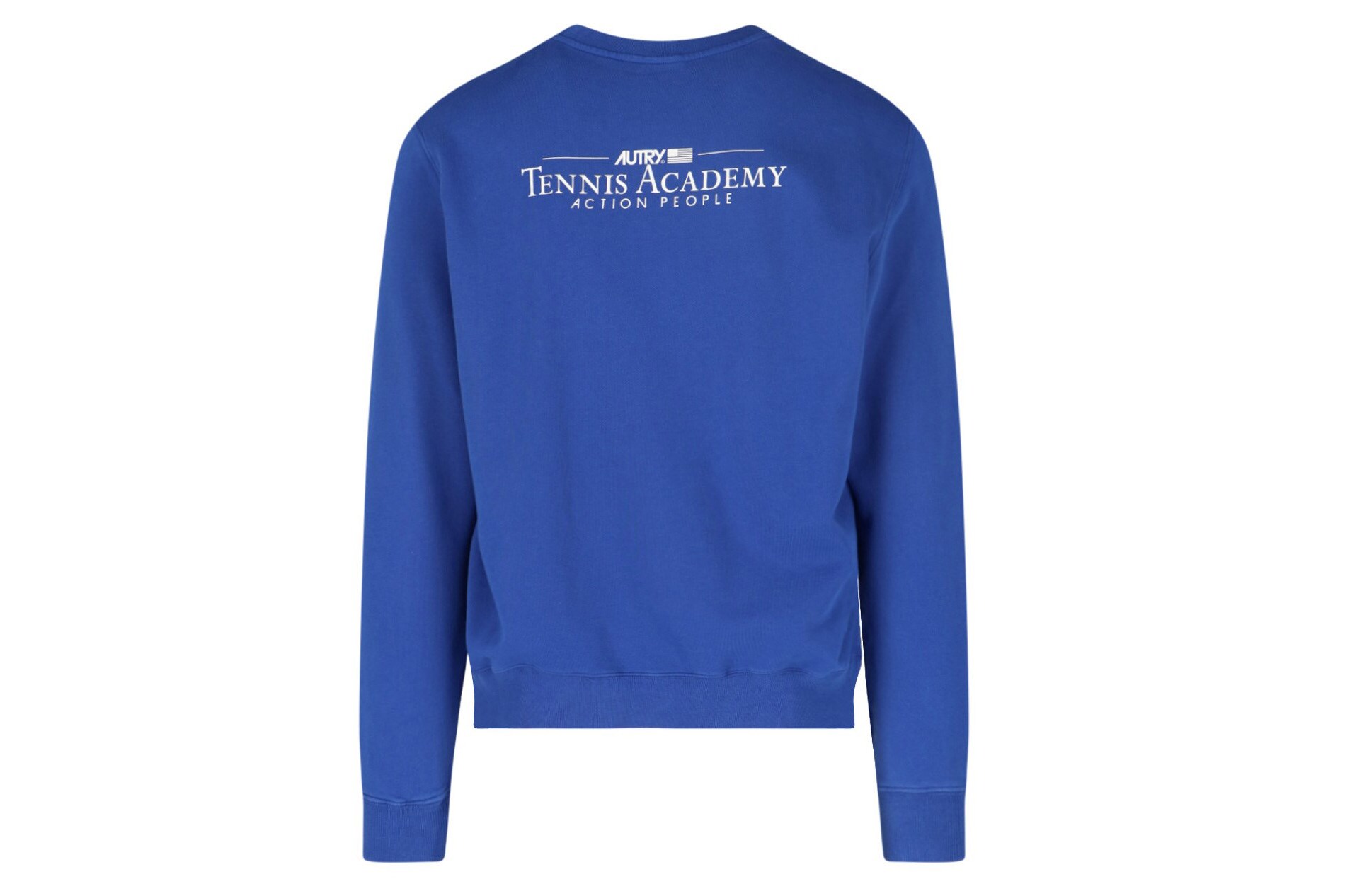 Autry. Girocollo in cotone blu cyano, con scritta Tennis Academy sulla schiena, finiture a costine.