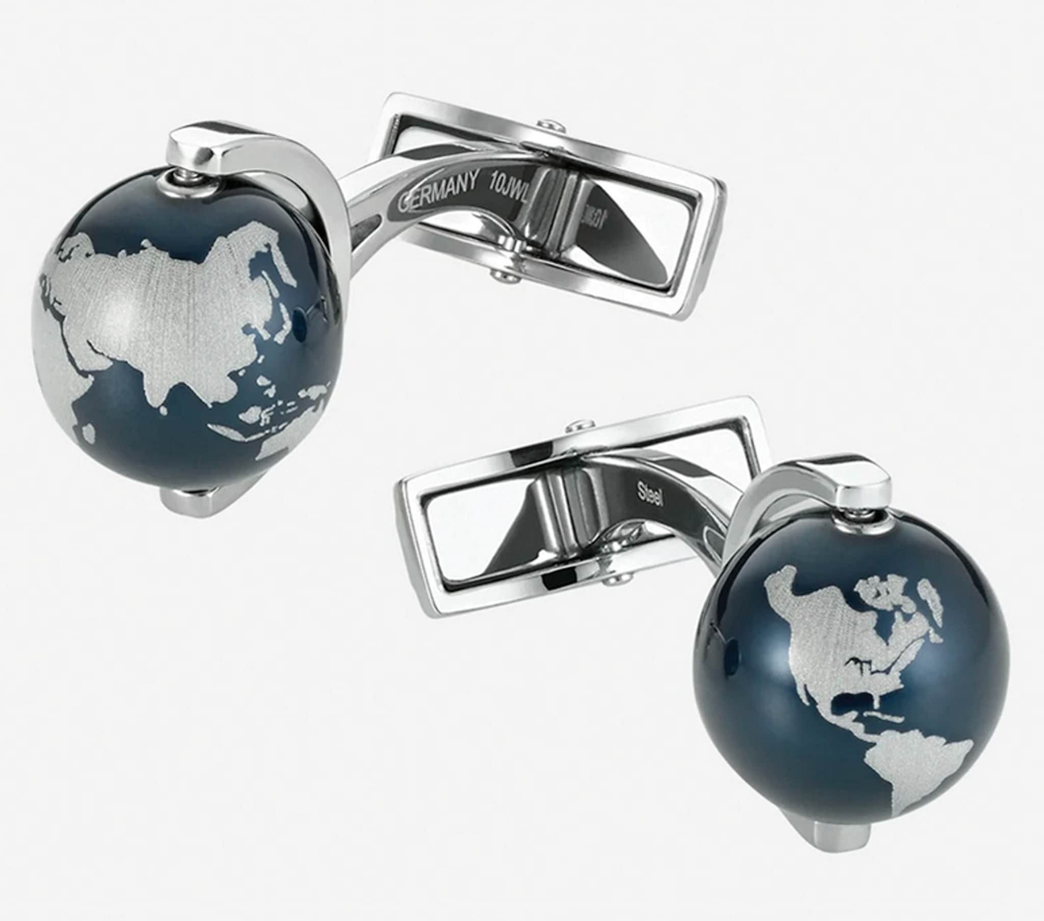 Montblanc. Heritage Spirit, miniatura del globo terrestre in acciaio con finitura anodizzata blu e granato grossularia.
