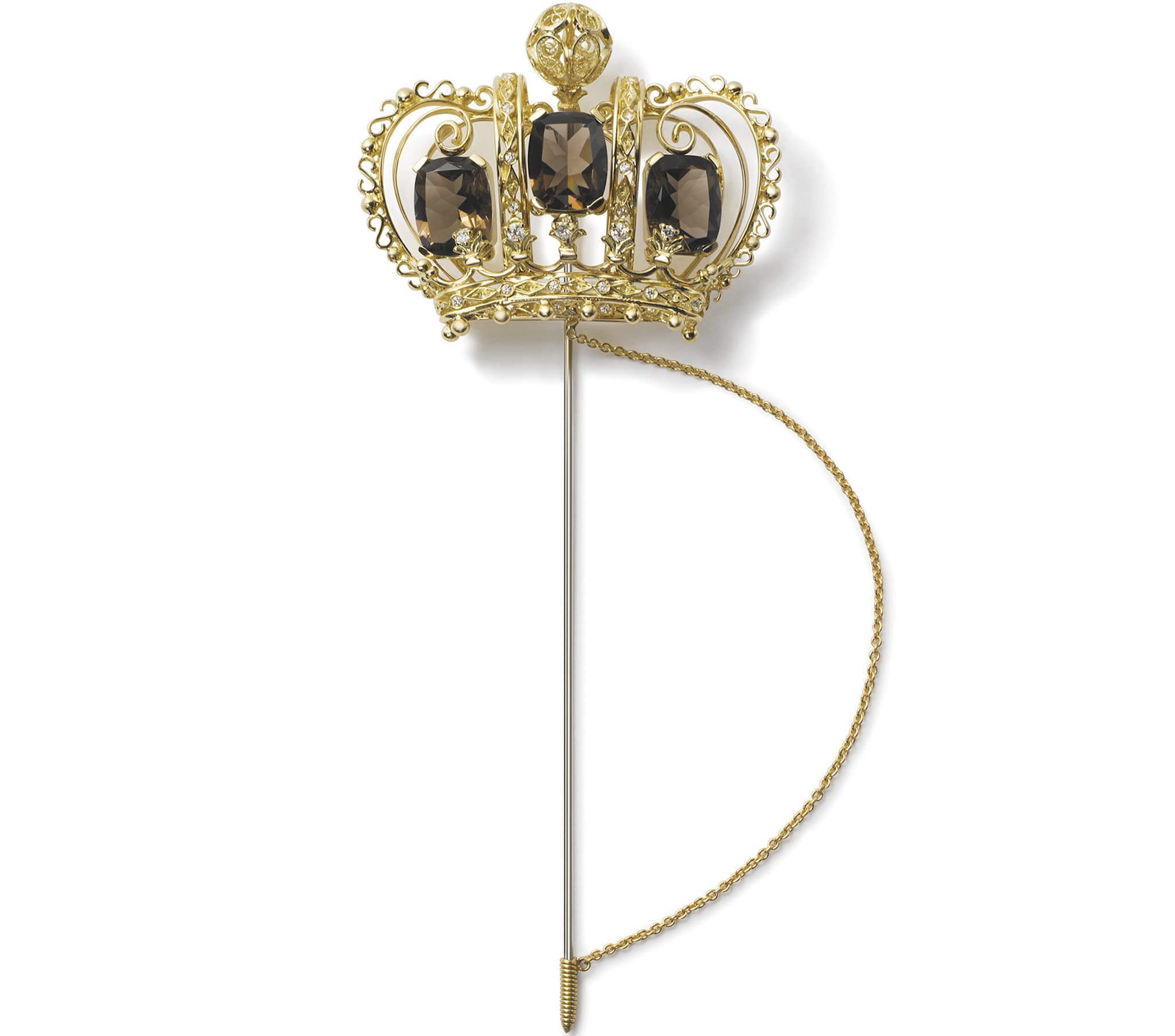 Dolce&Gabbana Fine Jewellery. Spillone a corona in filigrana d'oro, quarzi fumé e diamanti.