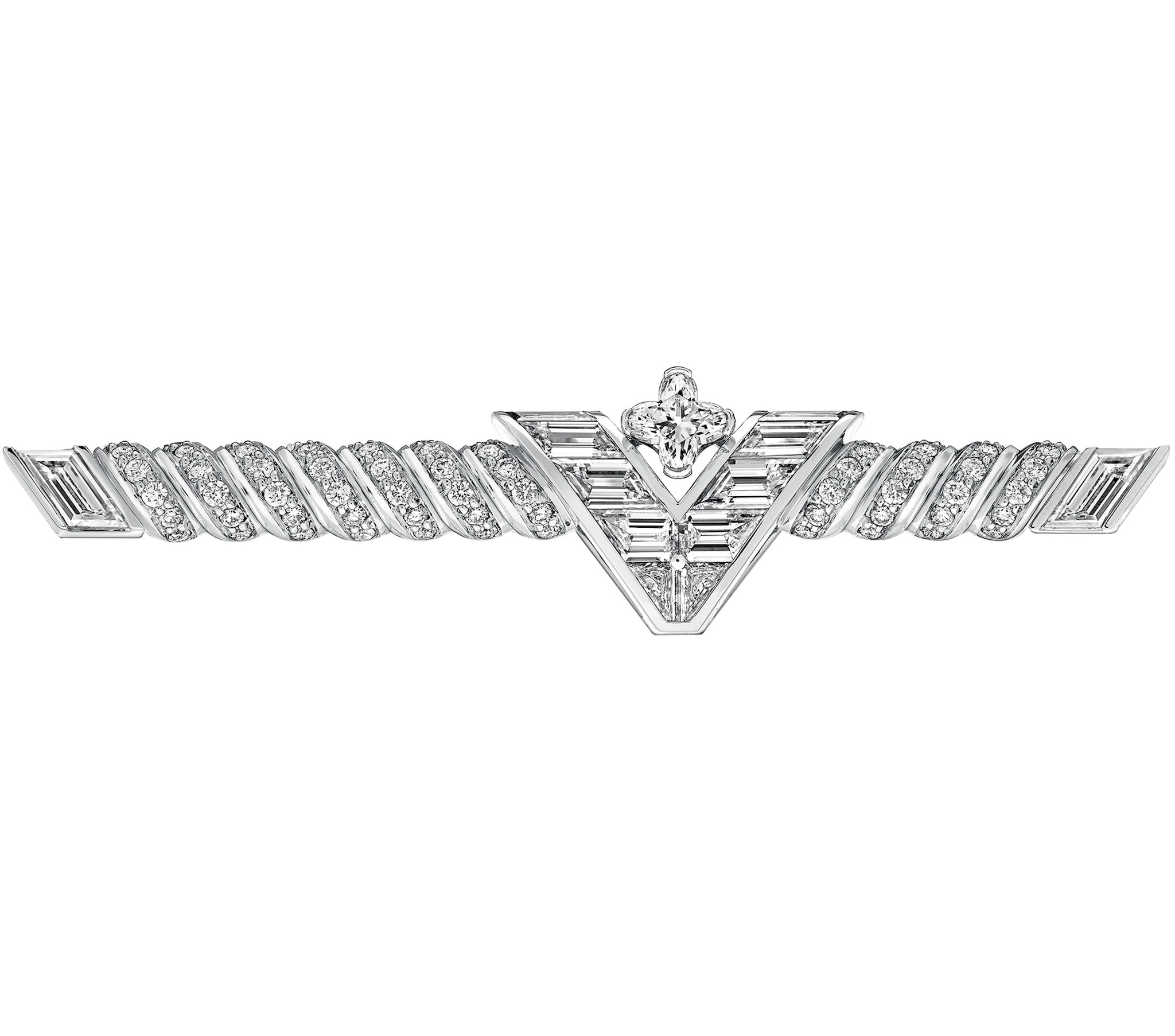 Louis Vuitton. Barretta in oro bianco e diamanti con logo centrale.