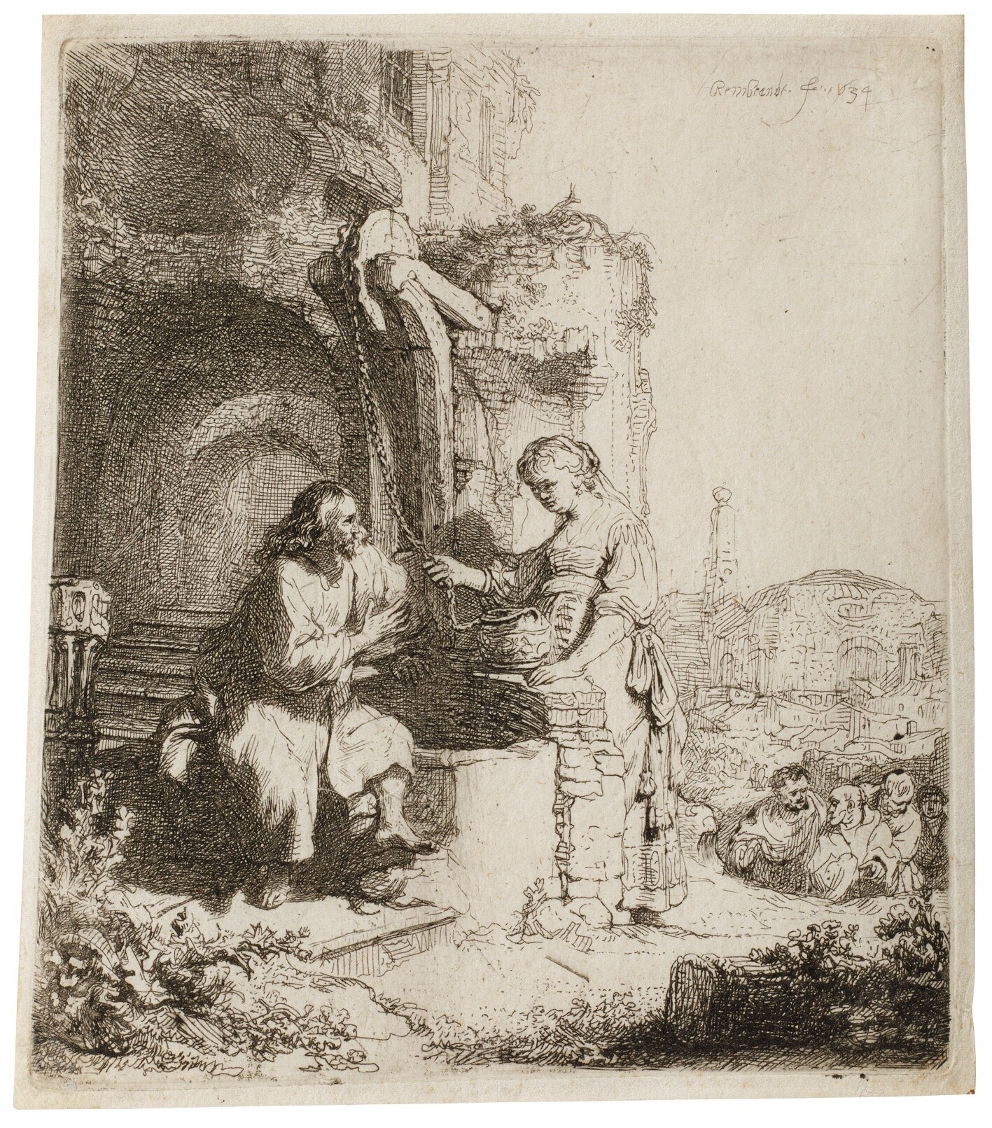 Rembrandt Harmenszoon Van Rijn, Le Chris et la femme de Samarie parmi les ruines, 1634. Acquaforte e incisione, firmata e datata in alto a destra, “Rembrandt”. 12,9 x 11,3 cm (foglio); 12,4 x 10,8 cm (tavola). Rif. Bartsch 71; NHD 78 II (V). Courtesy Jurjens Fine Art.