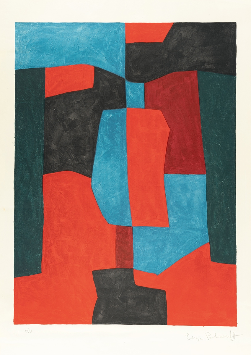 Serge Poliakoff, Composition rouge, verte et bleue n. 76, 1969. Litografia, firmata a mano dall’artista, 87 x 64 cm. Courtesy Galerie Le Coin des Arts.  