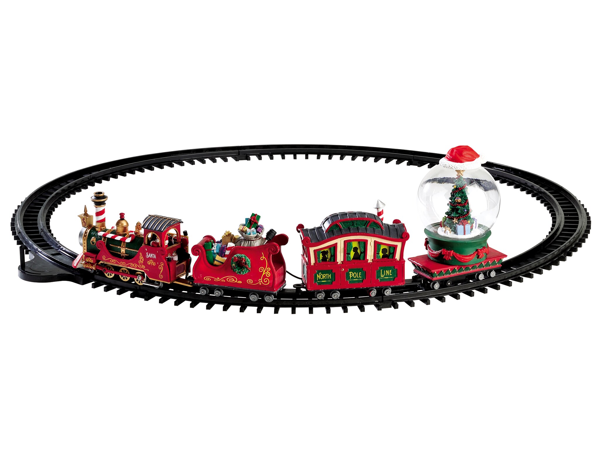 Trenino di Natale North pole railway con locomotiva, slitta di doni, vagone passeggeri e palla di vetro. Funziona a batteria. LEMAX (66,5 x 113 x 15 cm; 92,99 €).