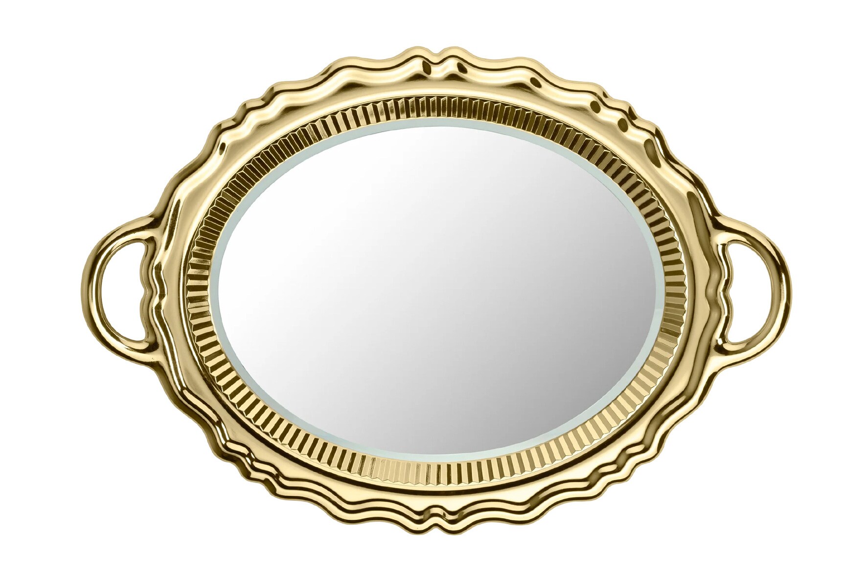 QEEBOO PLATEAU MIROIR. Specchio a forma di vassoio in metallo dorato, design Studio Job (1.290 €)