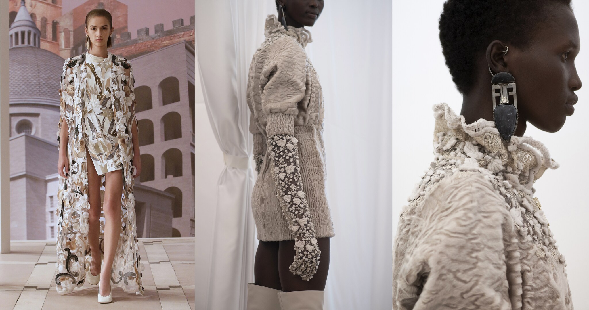 Fendi Couture “… connettere le epoche, il vecchio e il nuovo, il passato con il presente”, ha spiegato Kim Jones, responsabile della direzione artistica della parte donna “mi sono ispirato a Roma vista dalla prospettiva di Pasolini” Filmata da Luca Guadagnino, tra archi ricostruiti che rimandavano a quelli di Palazzo della Civiltà, la collezione ha introdotto infinite illusioni dove nulla è mai quello che sembra. Come i ricami e gli intarsi unici che incrociano infiniti materiali, o i gioielli intagliati e scolpiti nel marmo, disegnati da Delfina Delletrez.