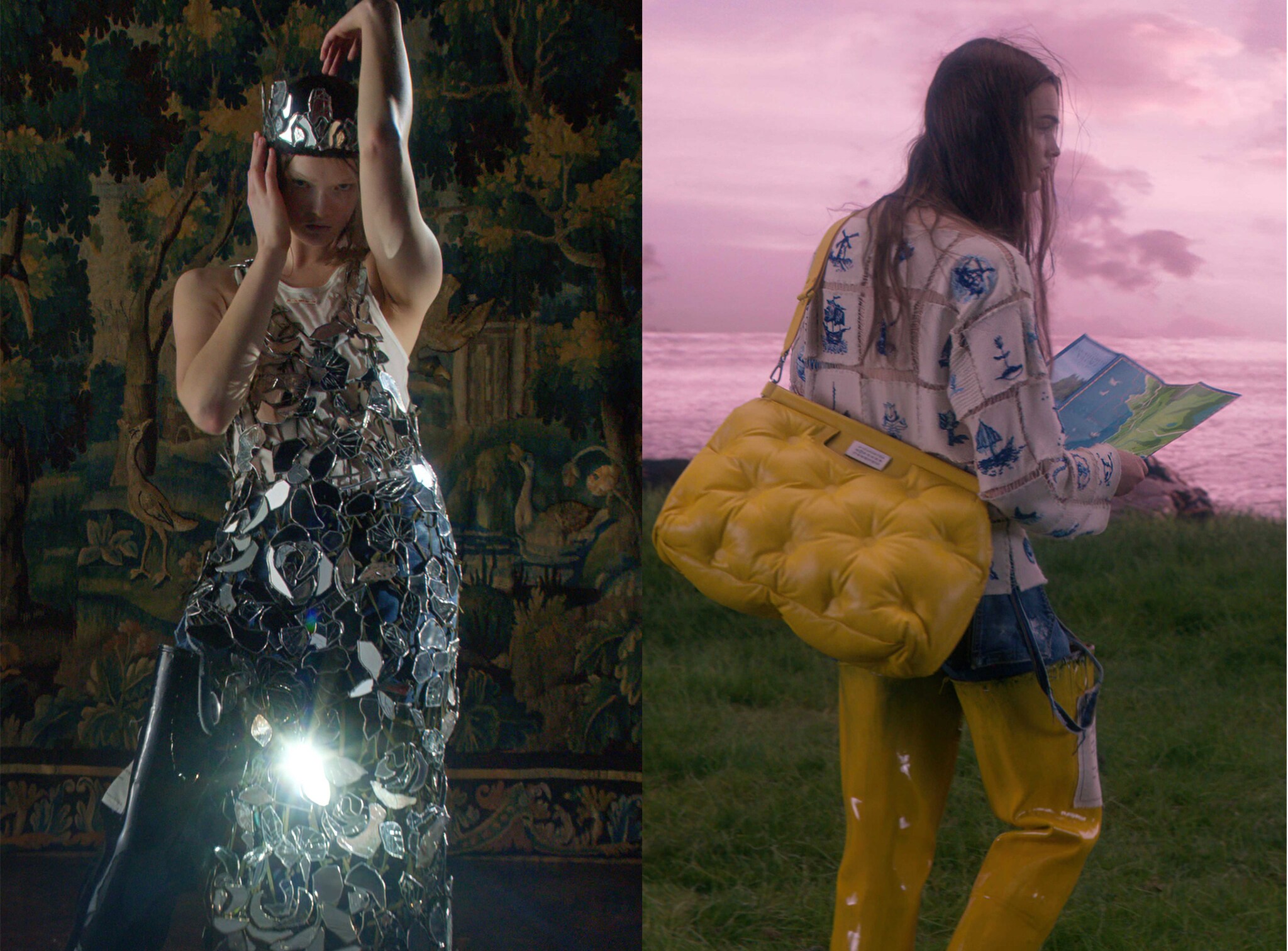 Maison Margiela Artisanal John Galliano ha presentato la sua sperimentazione materica emozionate con un film: A folk horror tale. Gli effetti più speciali sono i mosaici di specchi degli abiti costruiti sul corpo delle modelle e le mattonelle lavorate all'uncinetto con i disegni delle ceramiche di Delft, assemblate in preziose maglie.