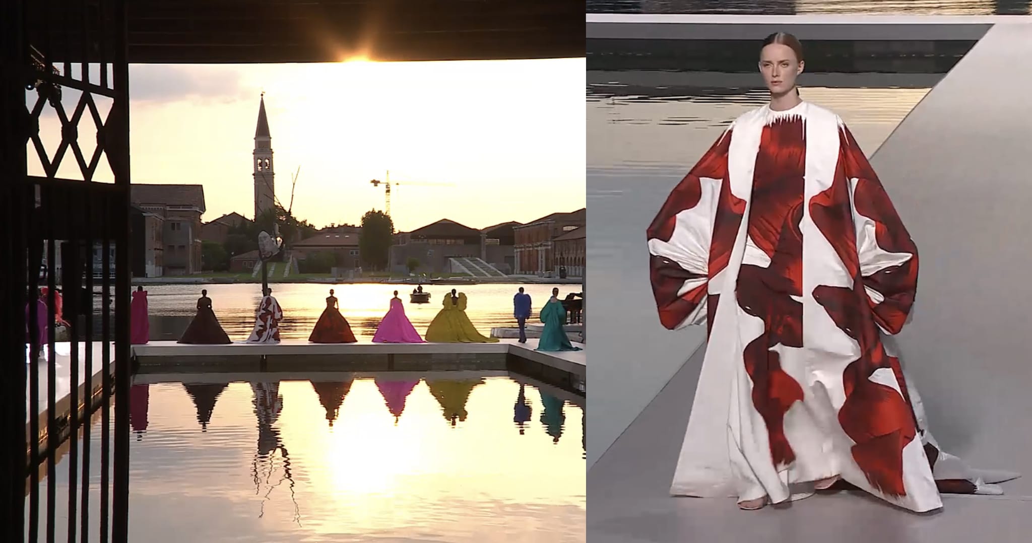 Valentino Des Ateliers La chiusura della stagione parigina della Haute Couture è andata in scena con Valentino – membro storico della Chambre Syndacale de la Mode - all'Arsenale di Venezia, il 15 luglio. Su una passerella installata all'interno del bacino delle Gaggiandre, il progetto ideato dal direttore creativo Pierpaolo Piccioli ha fatto dialogare le forme e i colori della sua alta moda con le opere di 16 artisti traslate sui capi. Come spiega la nota introduttiva, la pittura è l’espressione artistica che meglio si adatta a una traduzione materica, e quindi a una collezione: un quadro bidimensionale muta con lo sguardo tridimensionale di un abito, aprendo un dialogo unico tra i due mondi. Realizzato con grande maestria e poesia.