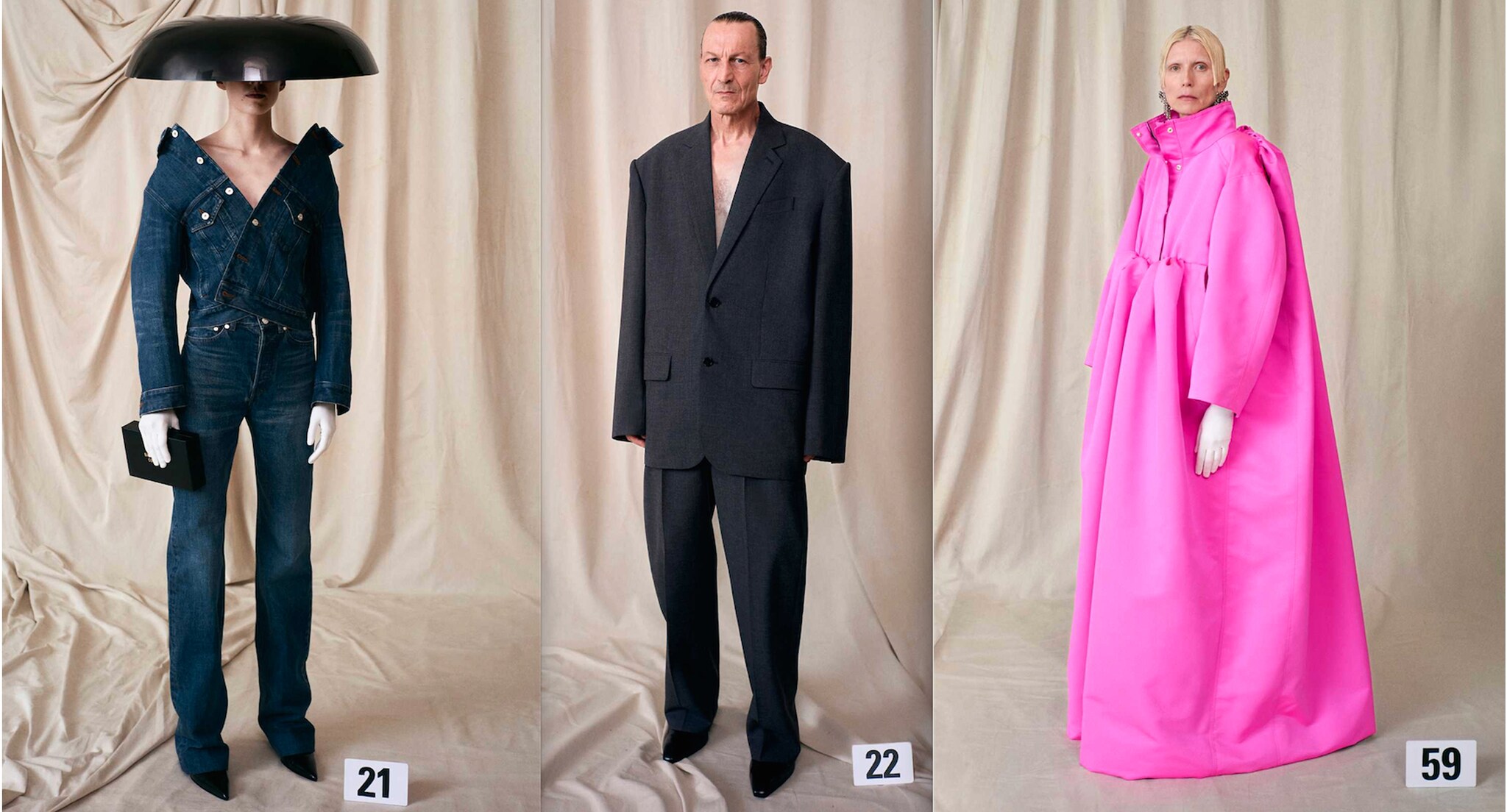 Balenciaga Nei saloni di avenue Georges V ( 53 anni dopo la chiusura della sartoria di Cristobal Balenciaga), la prima prova couture di Demna Gvasalia si è svolta senza alcuna colonna sonora, perché l'attenzione e il fuoco fossero sugli abiti. La collezione ha portato il designer a superare l'estetica street e i valori inclusivi tipici del suo tratto e a guardare con capacità l'eredità del couturier, amplificando l'architettura e i volumi della Maison.