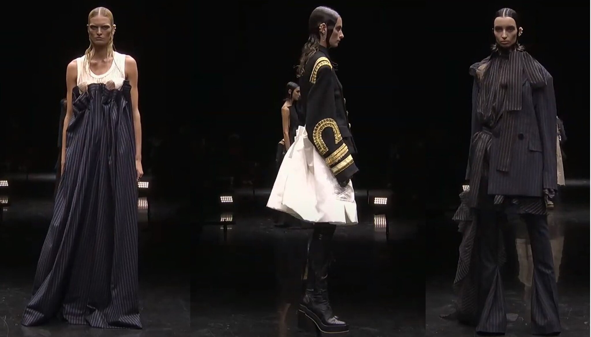 Gaultier Paris by Sacai Con Jean Paul in platea invece che nel backstage, a dimostrazione della libertà totale di Chitose Abe, la prima direttrice creativa chiamata a reinterpretare la visione couture dell'Enfant Terrible della moda francese. Un crossover tra il mondo Sacai e la Maison Gaultier, con tecniche sartoriali ibride e molto spazio alla fantasia nel rappresentare gli stilemi iconici, come i gessati e i decori marinaio.
