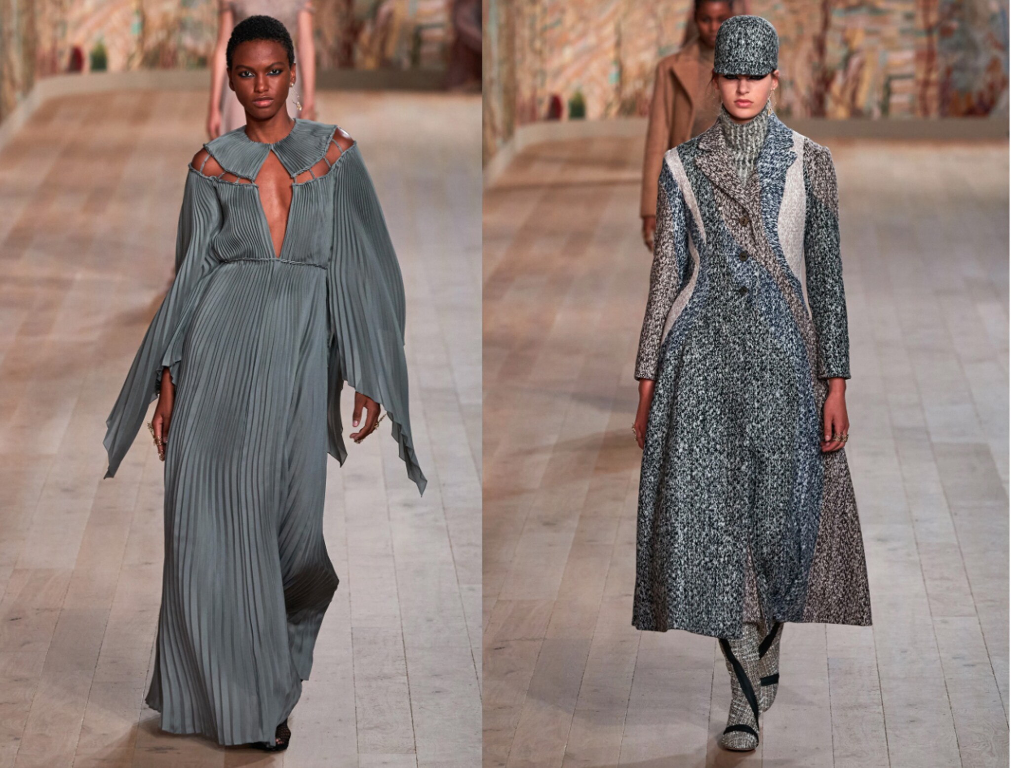 Dior Couture Sulle pareti della sala, installata come tradizione nel giardino del Musèe Rodin, spicca un paesaggio ideato dall'artista tessile Eva Jospin e ricamato a mano dalla scuola di Mumbai. Una scelta che dichiara la stretta reciprocità tra l'alta moda e le mani sapienti che realizzano i tessuti, i ricami, gli abiti stessi. Una catena, come è solita sottolineare Maria Grazia Chiuri, senza la quale i pezzi unici non potrebbero esistere. Non solo la sera sontuosa ma anche i cappotti e le giacche, formati da intarsi di tweed che scolpiscono la silhouette.