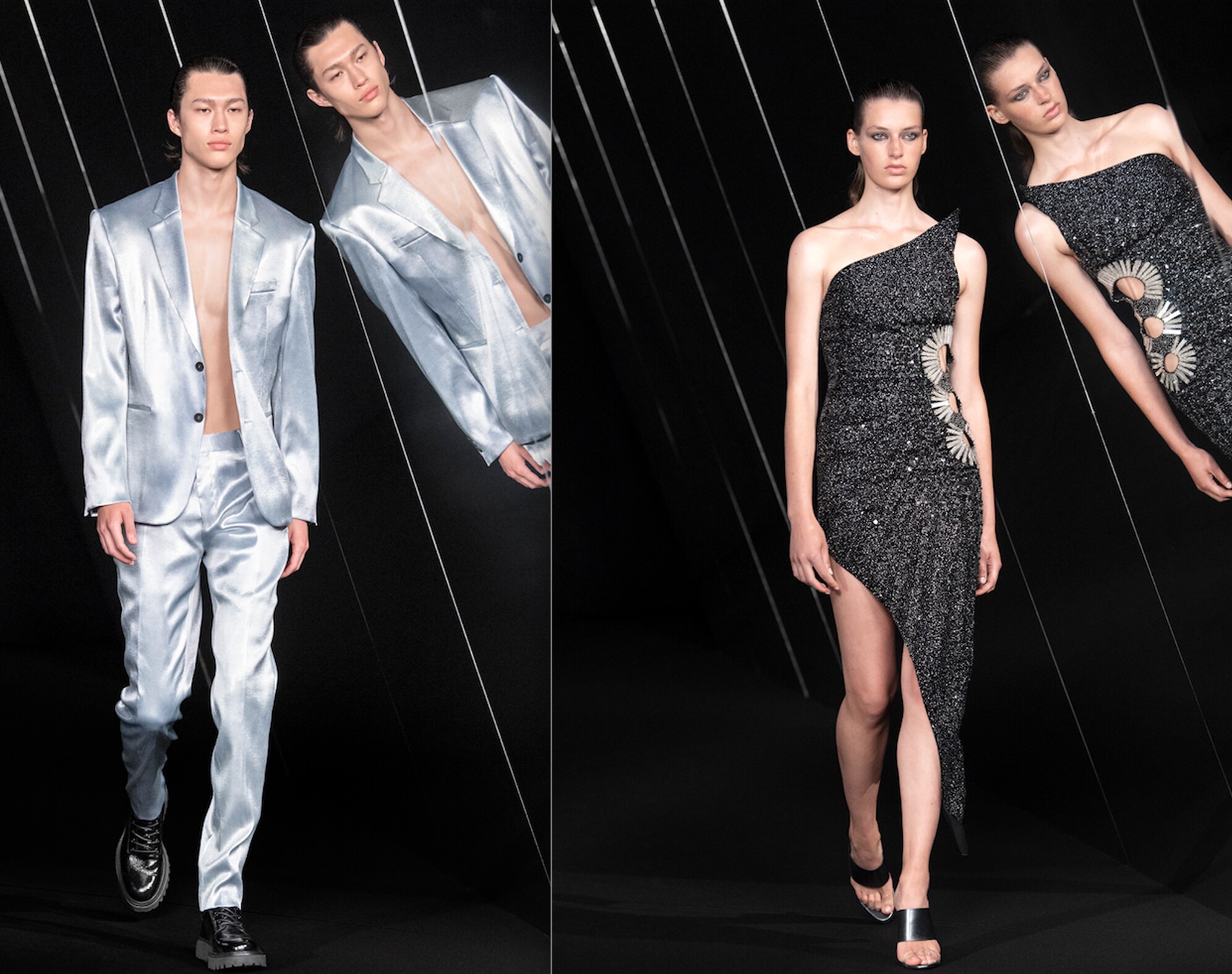 Azzaro Rievoca un'ode alla sera couture Olivier Theyskens, a un anno esatto dal suo ingresso nell'atelier di Fobourg Saint-Honoré. Le silhouette maschili e femminili si fanno eco l'un l'altra con materiali lucenti ed effetti ghiaccio. Il ricamo spesso è all over, i tagli asimmetrici sottolineano le linee pure e moderniste