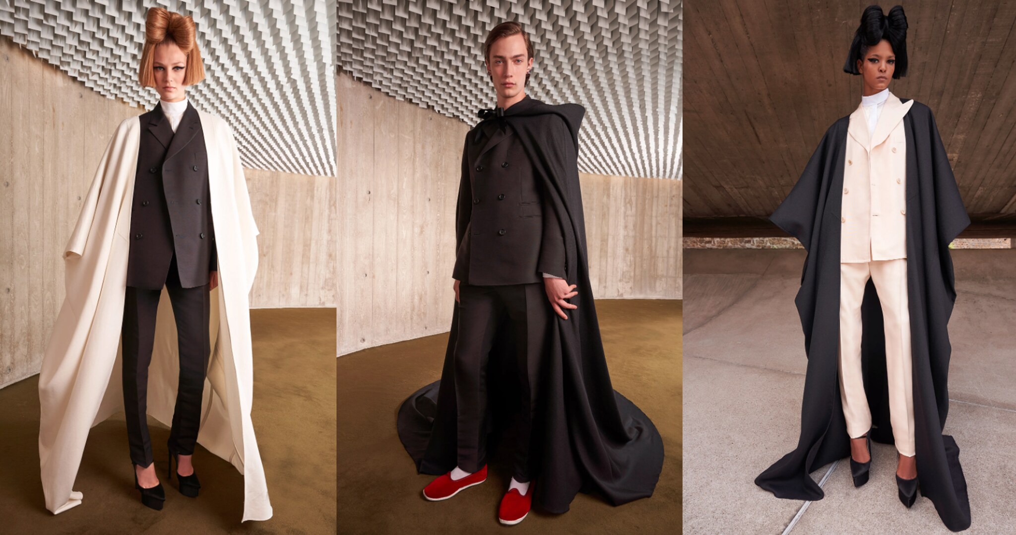 Giambattista Valli Insieme ai gioiosi e giganti abiti colorati a strati di tulle, Valli ha presentato questa stagione un lato maschile (e alcuni pezzi uomo), dando un taglio inedito alla collezione couture. Completi rigorosi e affusolati in shantung, sempre coperti da un'ampia cappa in crêpe di seta.