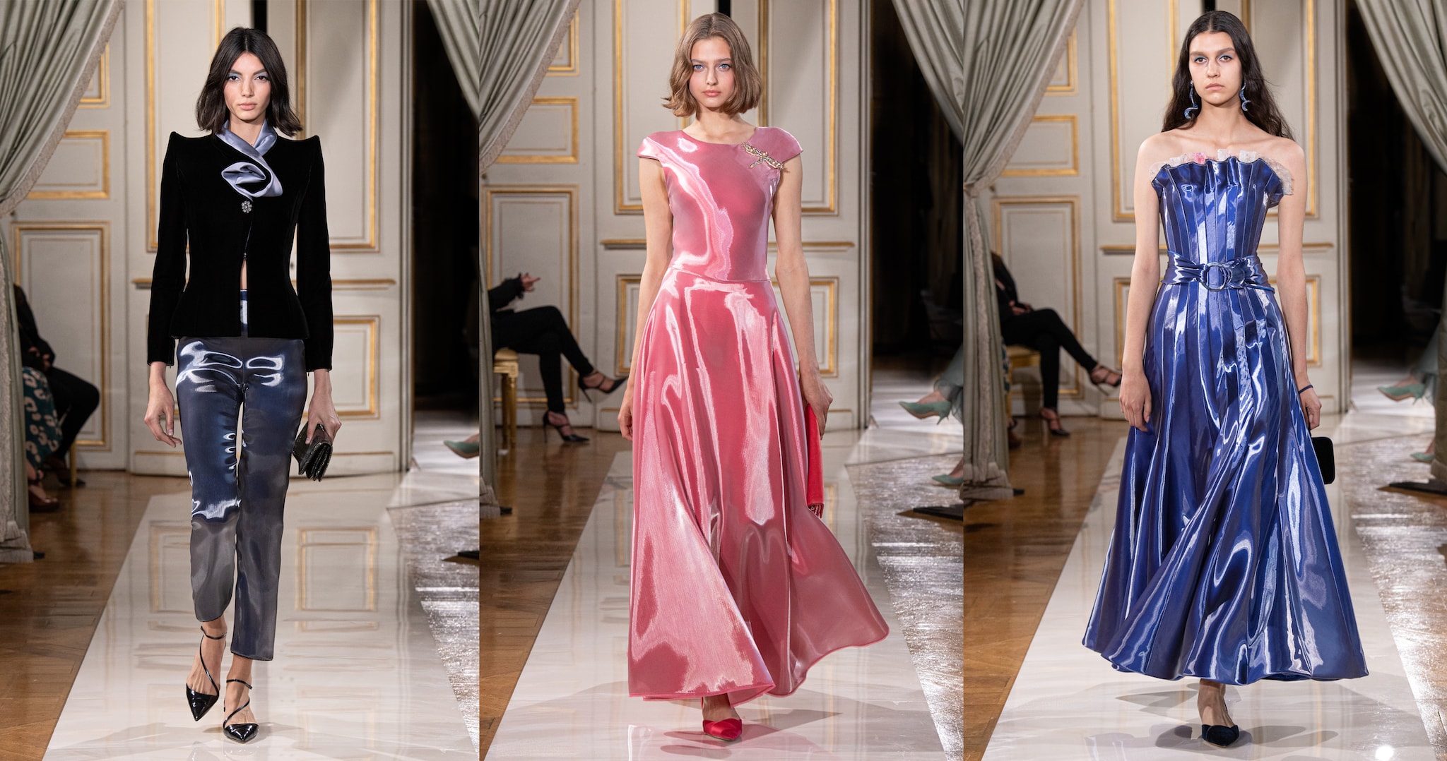 Armani Privé Giorgio Armani ha percorso sorridente i saloni dell'Ambasciata d'Italia in rue de Varenne, raccogliendo l'applauso di Parigi, dove ha riportato la sua nuova collezione Privé insieme ad alcuni capi presentati a Milano la scorsa primavera, in un ideale filo indissolubile. Come le sue sete percorse da un sottile filamento di metallo che accentua la luminosità liquida del materiale, trasformando i colori brillanti di tutti gli abiti in punti di luce.