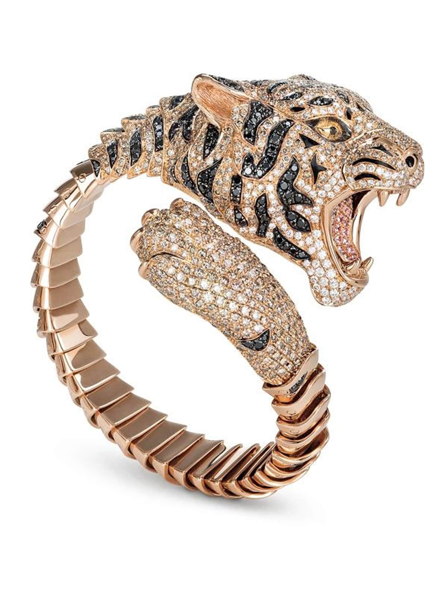 Roberto Coin. Bracciale Tigri Limited Edition, in oro rosa e brunito, con diamanti bianchi, neri e brown, e zaffiri