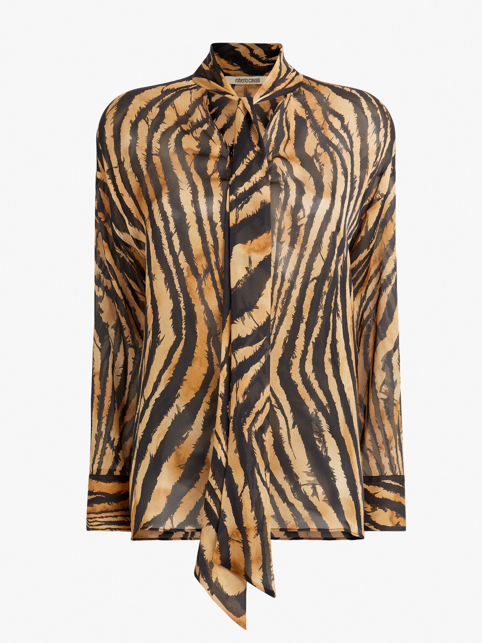 Roberto Cavalli. Blusa in seta con stampa Freedom, che reinterpreta il manto della tigre.