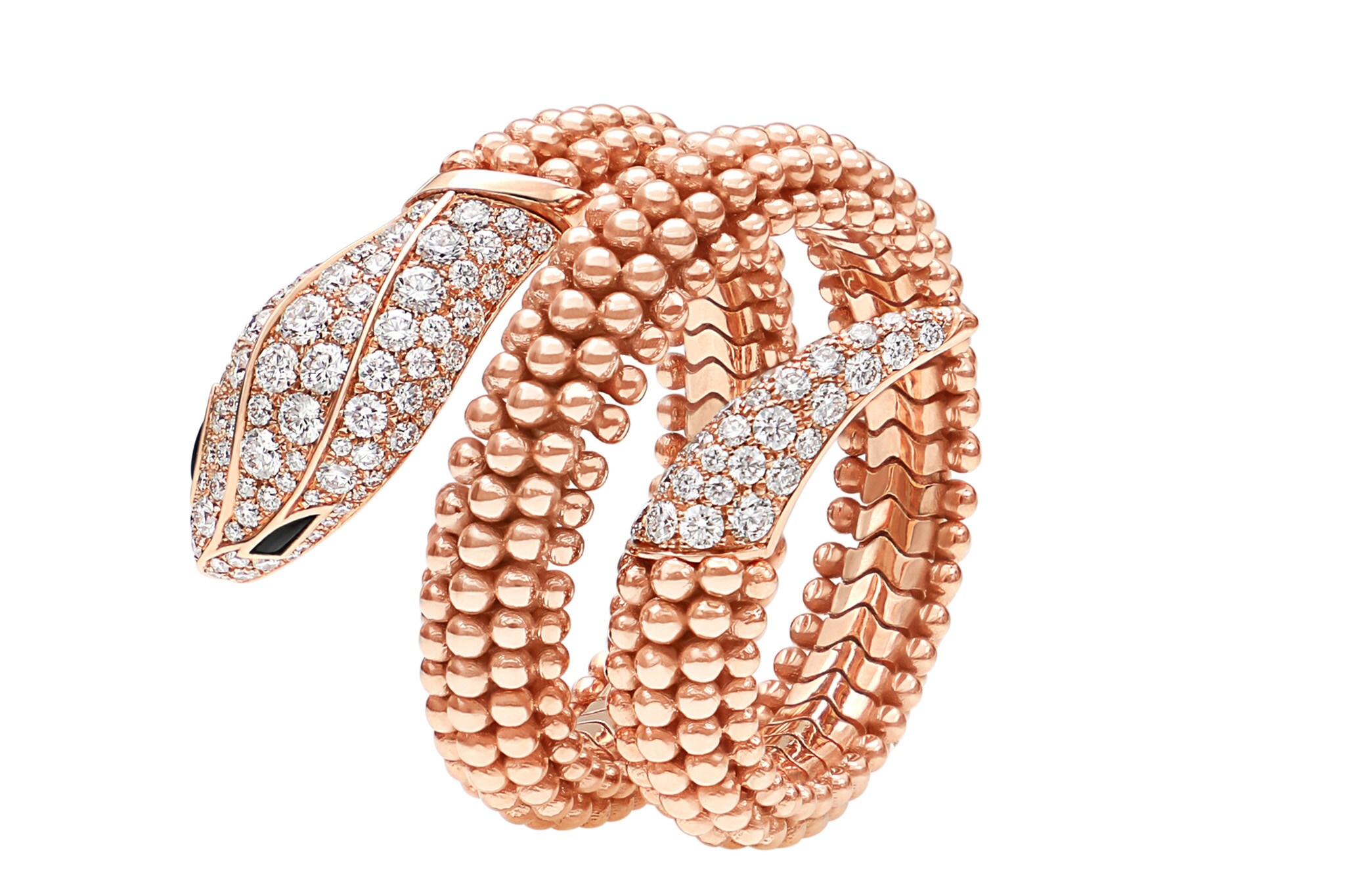Bulgari. Anello in oro rosa con micro sfere e pavé di diamanti, collezione Serpenti.