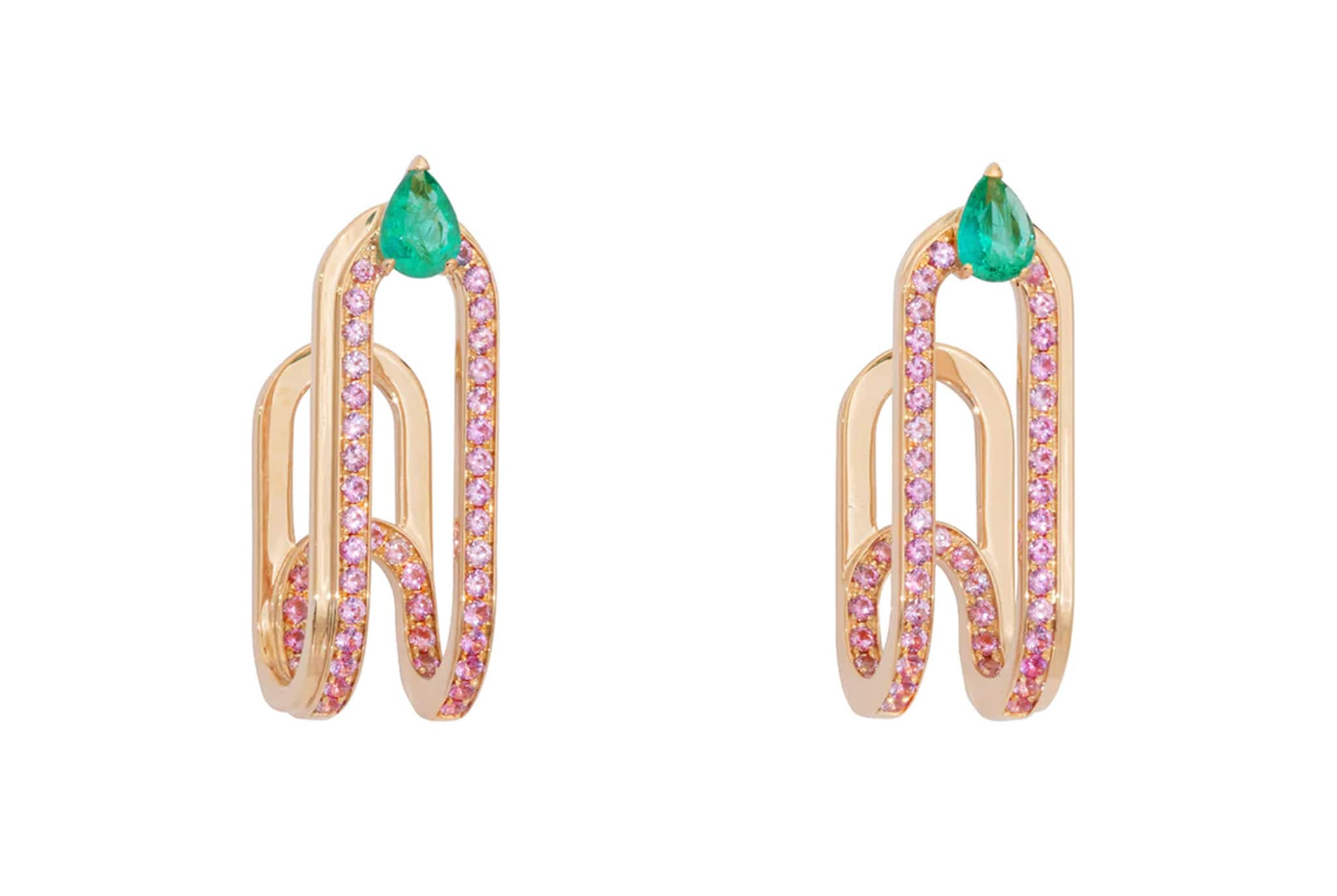 Gismondi 1754. Orecchini Clip con zaffiri rosa e smeraldo a goccia.