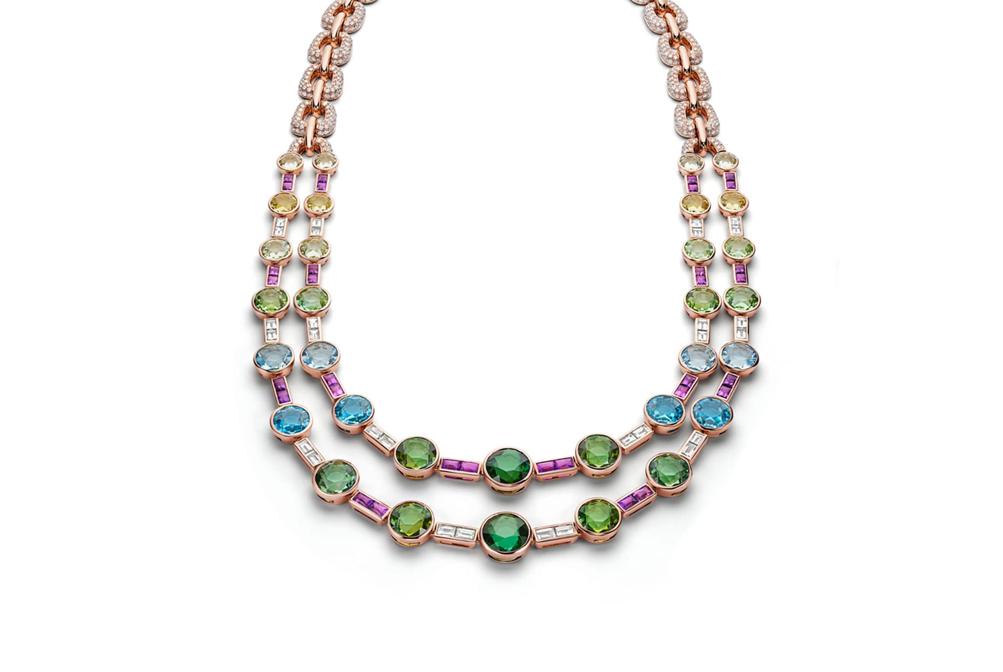 Bulgari. Collana a due fili in oro rosa con pietre semi preziose, collezione alta gioielleria Eden il Giardino della Meraviglie.