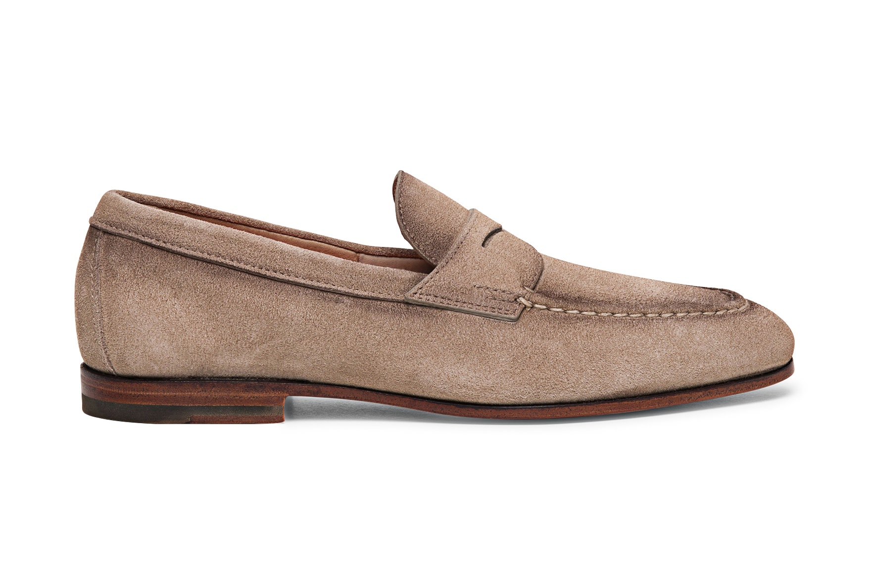 SANTONI. In camoscio a tintura naturale sfumata, sfoderato, con suola in cuoio e cuciture a contrasto
