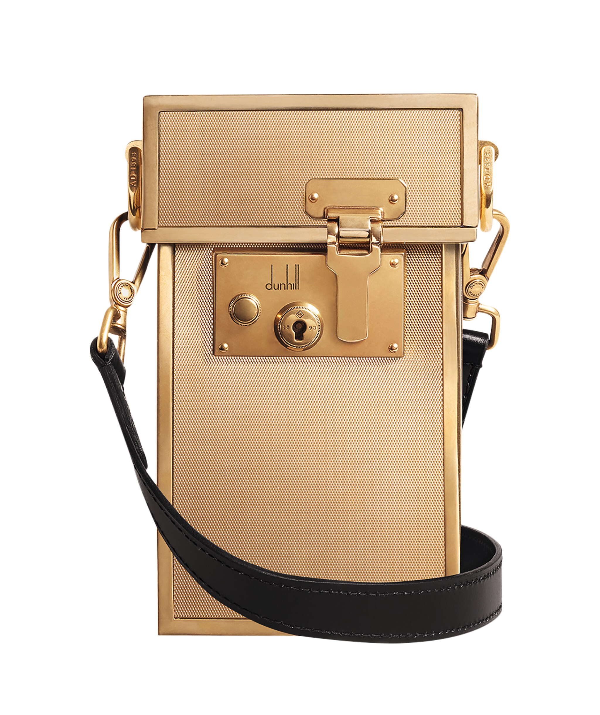Tracolla The Lock, in metallo satinato ispirato all'accendino anni Settanta Rollagas,DUNHILL (2.895 €).