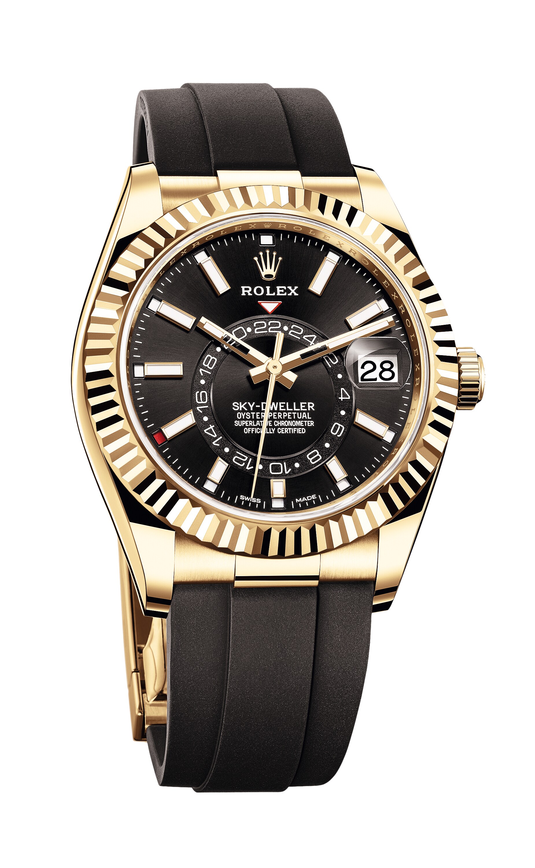 Orologio Oyster Perpetual Sky-Dweller in oro giallo, con bracciale Oysterflex in gomma e quadrante con finitura soleil, ROLEX (38.350 €)