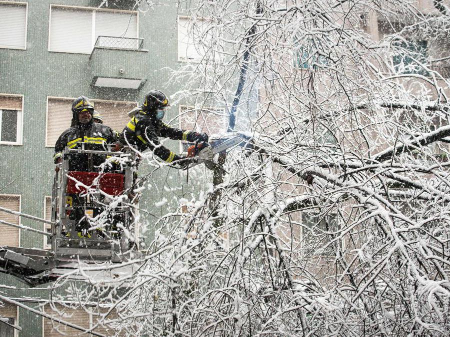 I vigili del fuoco lavorano dove gli alberi caduti lungo via Raffaello Sanzio hanno tranciato i cavi del tram a Milano, 28 dicembre 2020. ANSA/FOTOGRAMMA/Stefano De Grandis