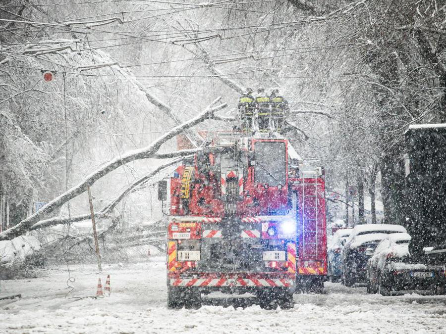 I vigili del fuoco lavorano dove gli alberi caduti lungo via Raffaello Sanzio hanno tranciato i cavi del tram a Milano, 28 dicembre 2020. ANSA/FOTOGRAMMA/Stefano De Grandis