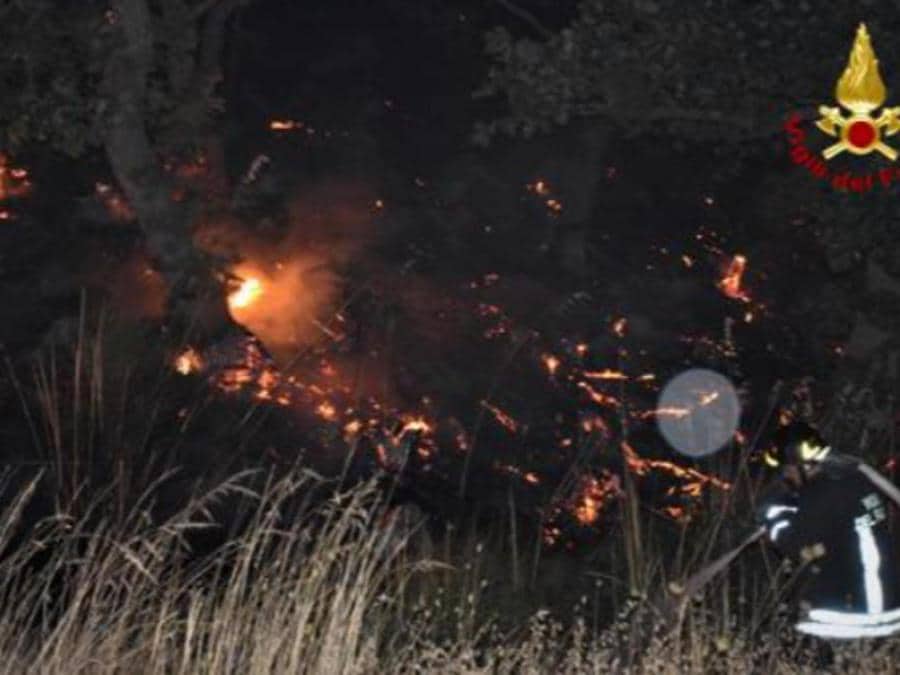 I vigili del fuoco intervengono per spegnere gli incendi divampati tra Piana degli Albanesi, Strasatto Altofonte e San Giuseppe Jato, 30 luglio 2021. (Ansa / Vigili del Fuoco) 