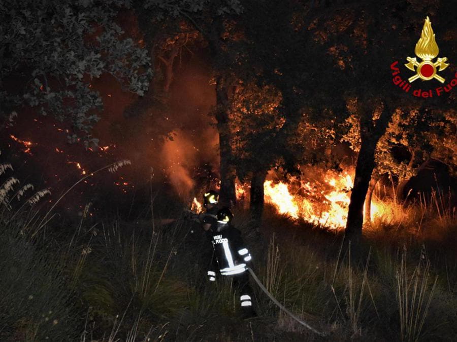 I vigili del fuoco intervengono per spegnere gli incendi divampati tra Piana degli Albanesi, Strasatto Altofonte e San Giuseppe Jato. (Epa / Vigili del Fuoco) 