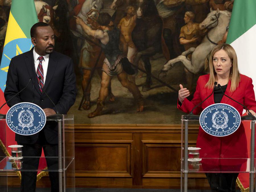 Prime Minister Giorgia Meloni and the Nobel Peace Prize laureate, Ethiopia's Prime Minister Abiy Ahmed Ali at the end of their meeting attend a press conference at Chigi Palace in Rome, Italy, 06 February 2023 ANSA/MASSIMO PERCOSSI
