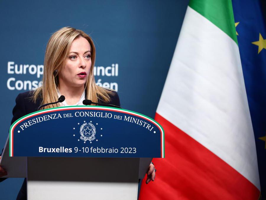 epa10458682 Italy's Prime Minister Giorgia Meloni gives a press conference the day after a special meeting of the European Council in Brussels, Belgium, 10 February 2023. EPA/STEPHANIE LECOCQ