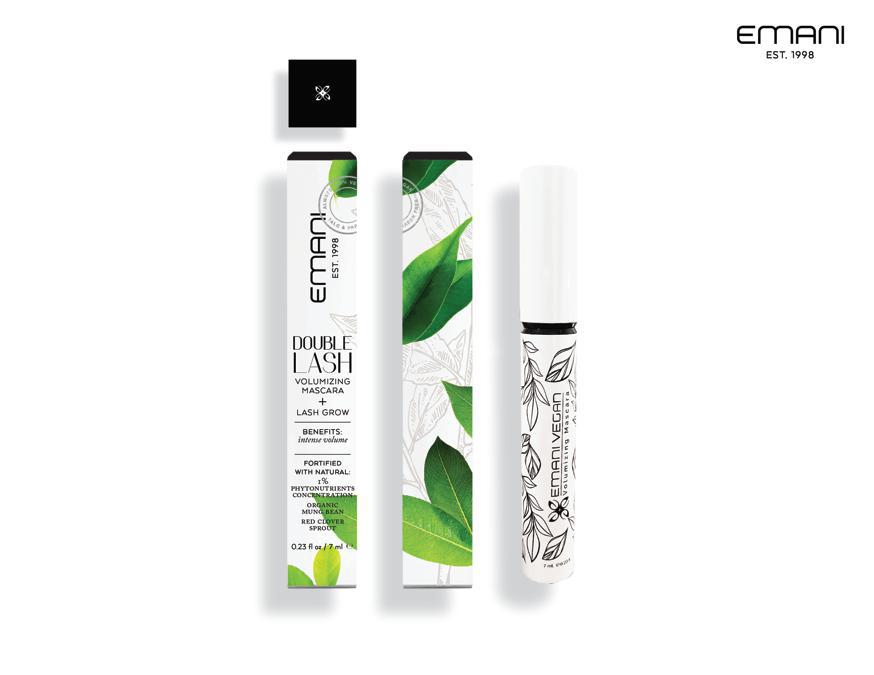 Emani Double Lash Volumizing Mascara + Lash Grow , al 100% vegan gluten-free, con un prezioso complesso di oli botanici biologici, per rivitalizzare e nutrire le ciglia, dalle radici alle punte