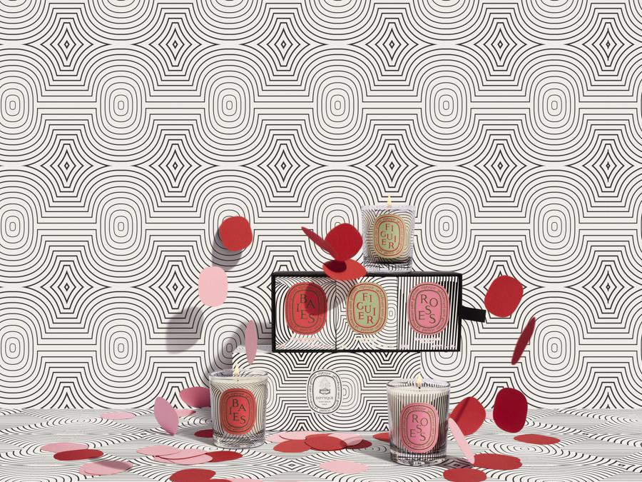 Diptyque Dancing Ovals, candele dal design ludico e ipnotico grazie a particolari effetti ottici, le candele sono profumate alla rosa, al fico e alle bacche di ribes nero