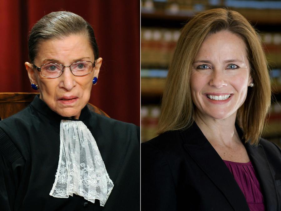 Ruth Bader Ginsburg,  Amy Coney Barrett (Photos by Tim SLOAN and Julian VELASCO / various sources / AFP) 