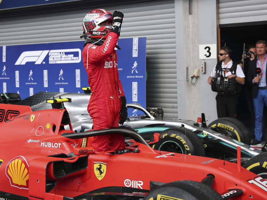 Ferrari driver Charles Leclerc of Monaco jubilates after finishing first in the Belgian Formula One Grand Prix in Spa-Francorchamps, Belgium, Sunday, Sept. 1, 2019. Mercedes driver Lewis Hamilton of Britain placed second and Mercedes driver Valtteri Bottas of Finland placed third. (AP Photo/Francisco Seco)
