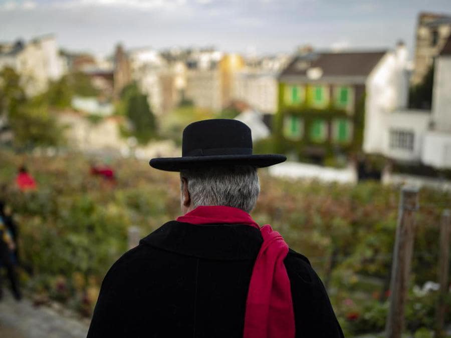 Un membro della Repubblica di Montmartre partecipa alla vendemmia nel Clos de Montmartre. Si tratta di un piccolo vigneto che produce 500 litri di vino all'anno chiuso al pubblico dal 1933 per preservare questo angolo di natura nella citttà e d evitare nuove costruzioni. (EPA/IAN LANGSDON)